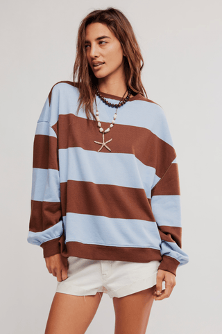 FREE PEOPLE Classic Striped Oversized Crewneck - Periwinkle Combo - The Salty BabeLong Sleeve Tops
