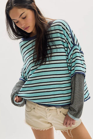FREE PEOPLE Clean Rugby Tee - Harbor Blue Combo - The Salty BabeTee Shirts