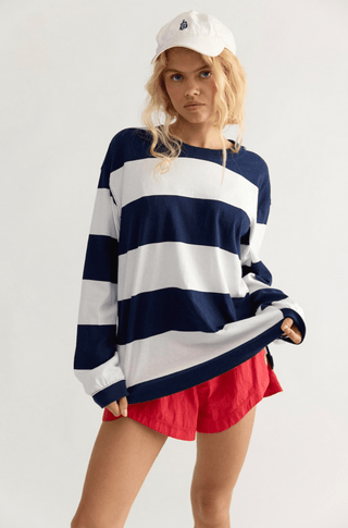 FREE PEOPLE Printed Hustle Layer - White/Navy Stripe - The Salty BabeLong Sleeve Tops