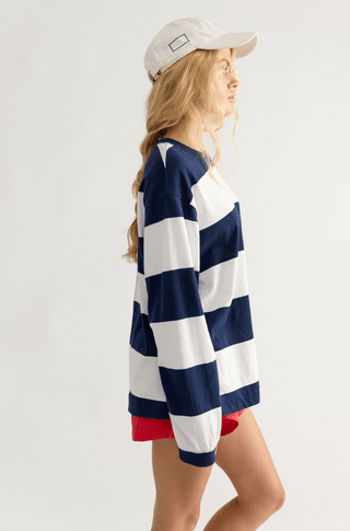 FREE PEOPLE Printed Hustle Layer - White/Navy Stripe - The Salty BabeLong Sleeve Tops