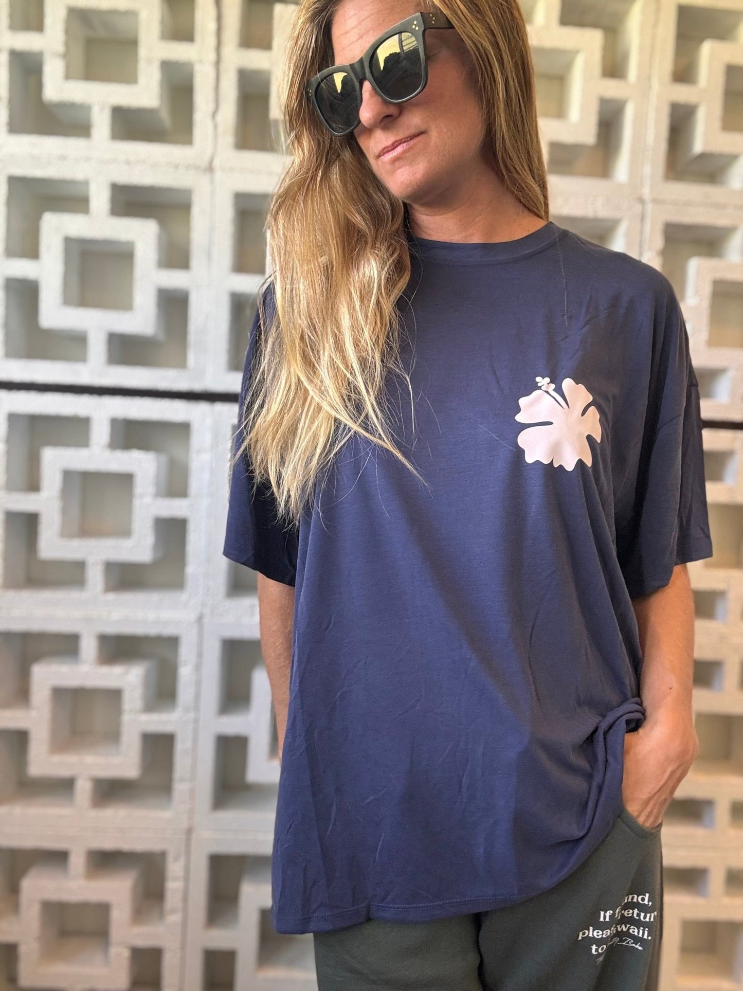 Hibiscus OMMS Oversized Tee - Navy/Sunset Pink - The Salty BabeGraphic Tee Shirts