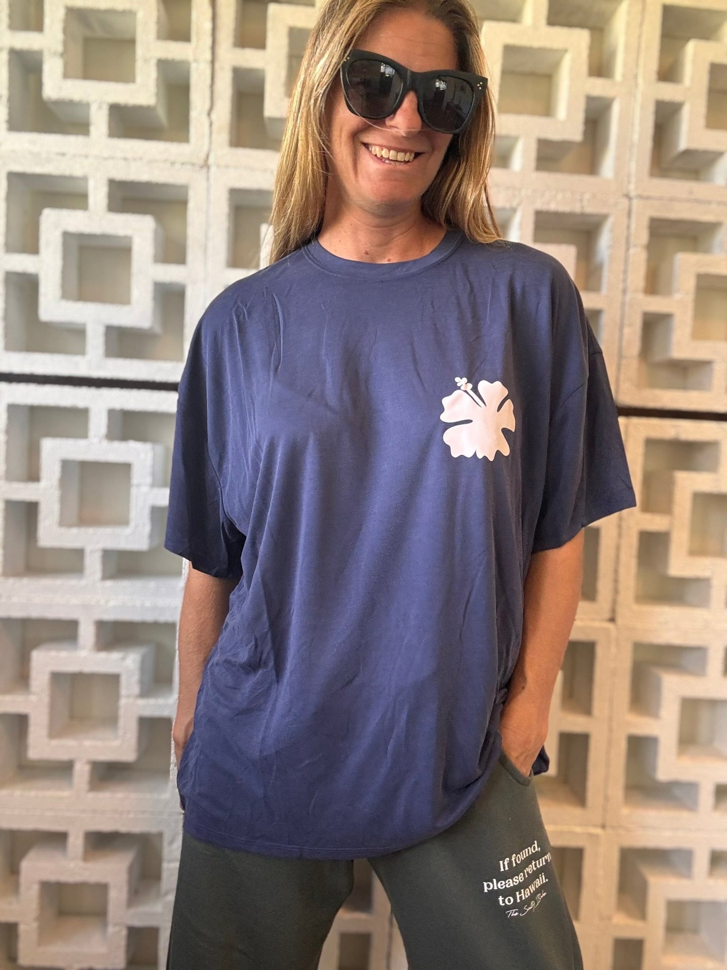 Hibiscus OMMS Oversized Tee - Navy/Sunset Pink - The Salty BabeGraphic Tee Shirts