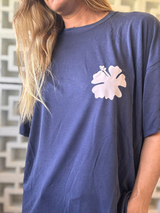 Hibiscus OMMS Oversized Tee - Navy/Sunset Pink - The Salty BabeGraphic Tee Shirts
