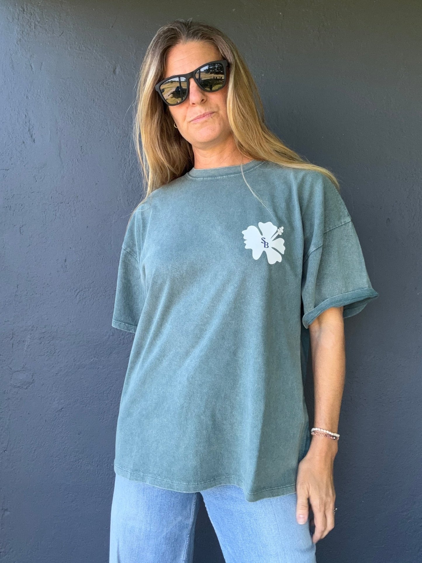 Hibiscus SB OMMS Oversized Tee-Green/White - The Salty BabeGraphic Tee Shirts