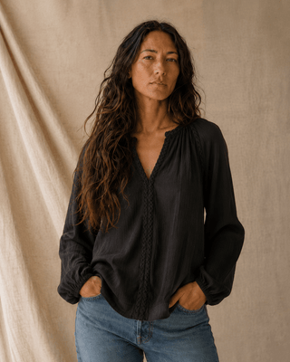 Huckleberry Braided Trim Blouse-Black Sands - The Salty BabeLong Sleeve Tops