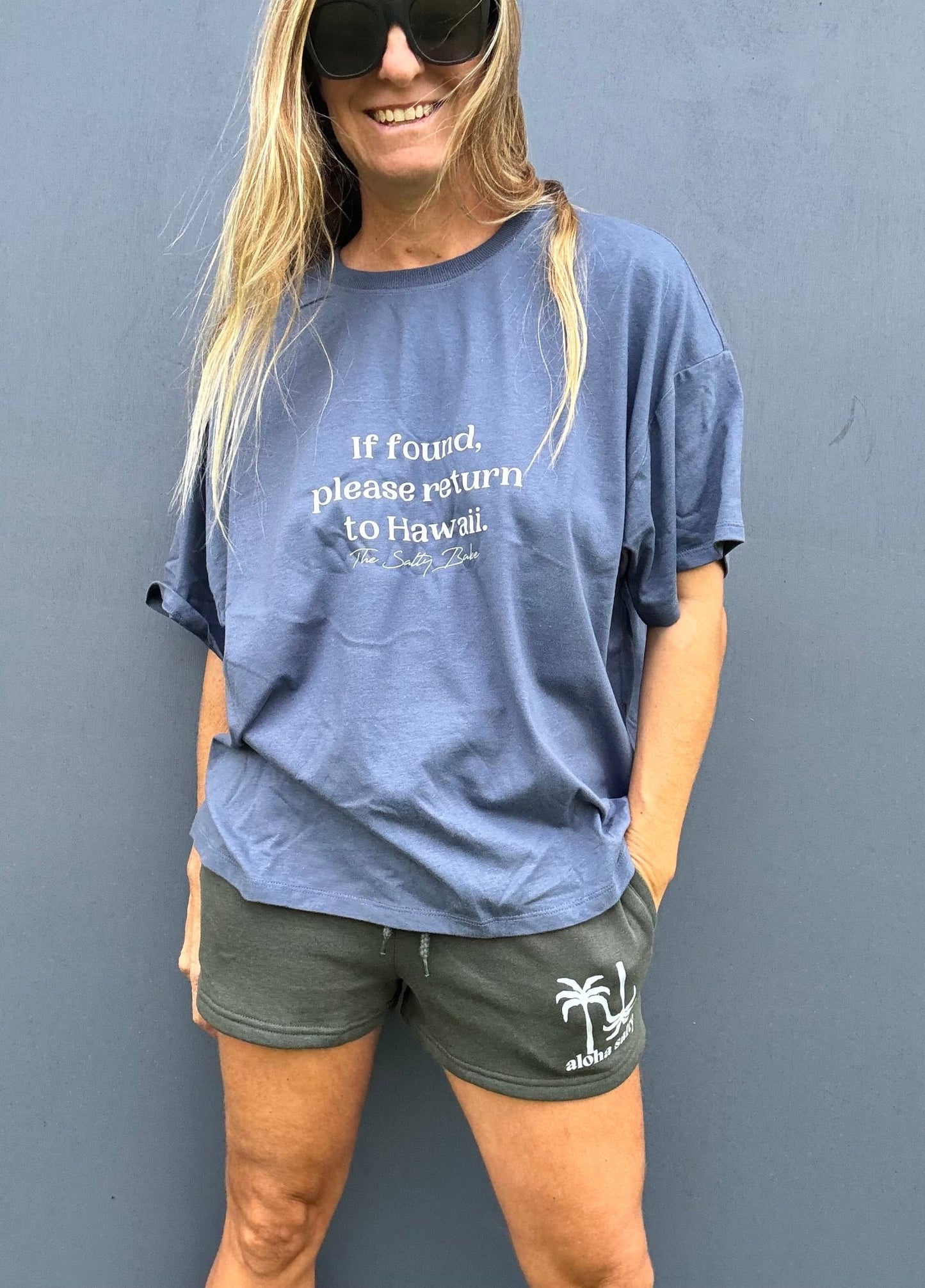 If Found Return To Hawaii Oversized Tee - Dusty Indigo - The Salty BabeGraphic Tee Shirts