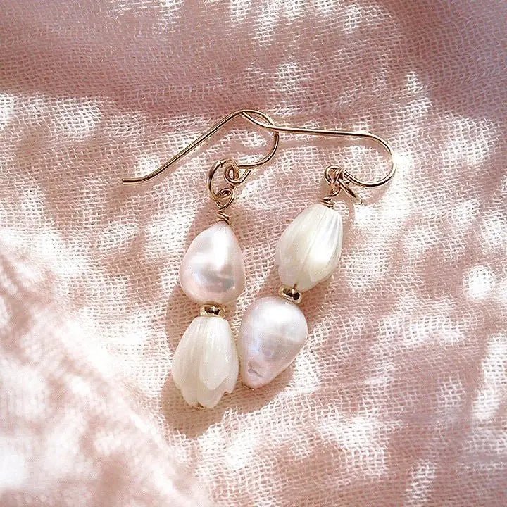 KE ALOHA Asymmetrical Pikake & Pearl Earrings - Huali - The Salty BabeJewelry
