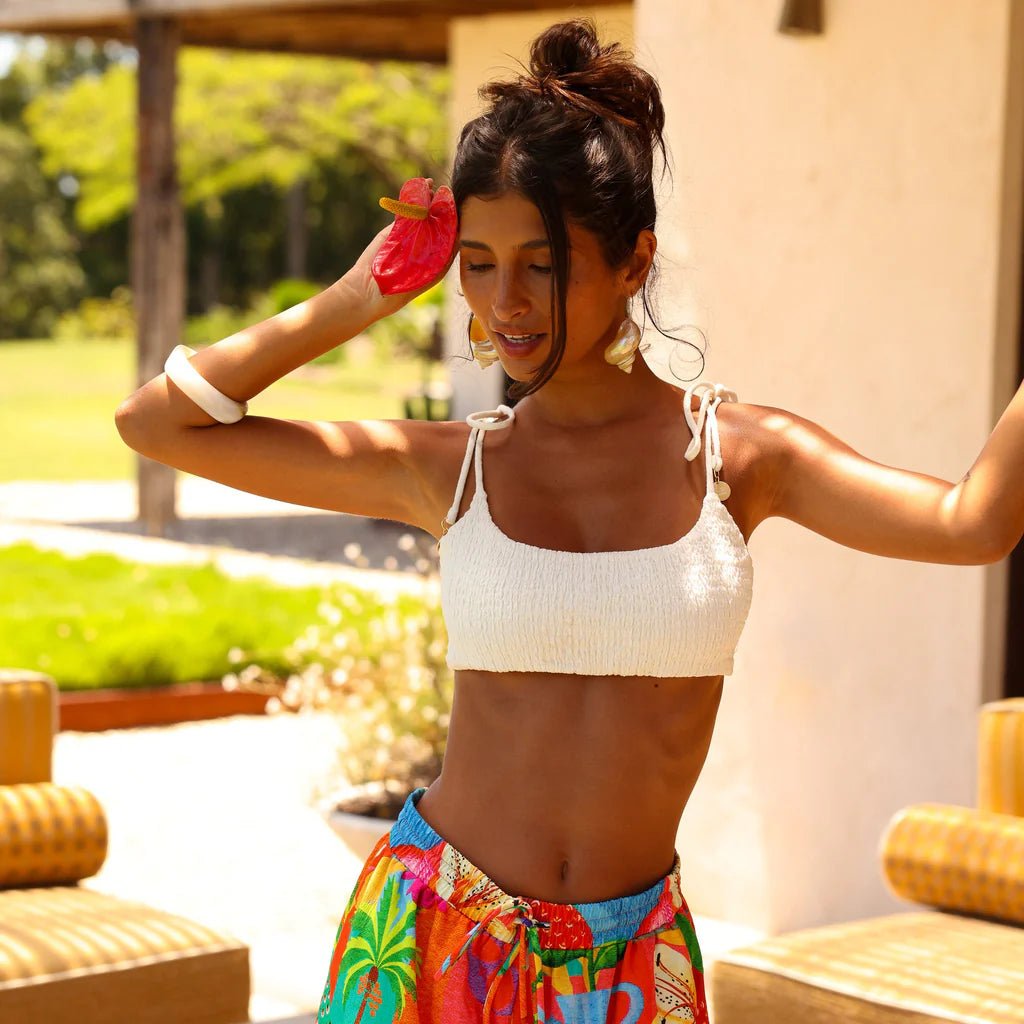 KULANI KINIS Simple Shirred Tie Crop Top - Natural White - The Salty BabeTop