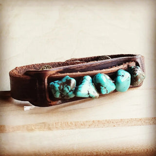 Leather Narrow Cuff with Blue Turquoise Chunks - The Salty BabeJewelry