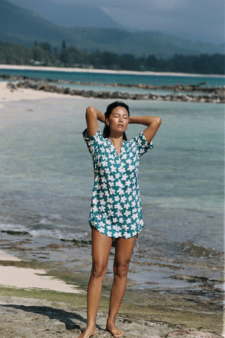 LOKAHI Aloha Shirt Dress - Teal Hibiscus - The Salty BabeDresses