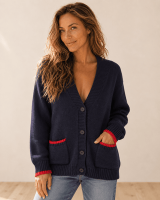 Lucky Lobster Cardigan - Navy/Red - The Salty BabeSweaters