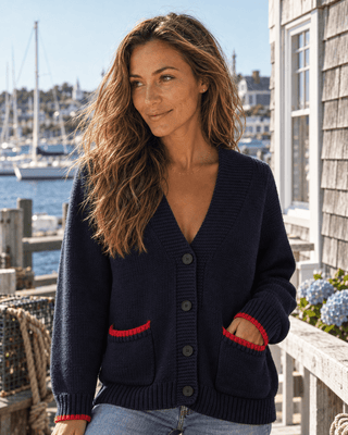 Lucky Lobster Cardigan - Navy/Red - The Salty BabeSweaters