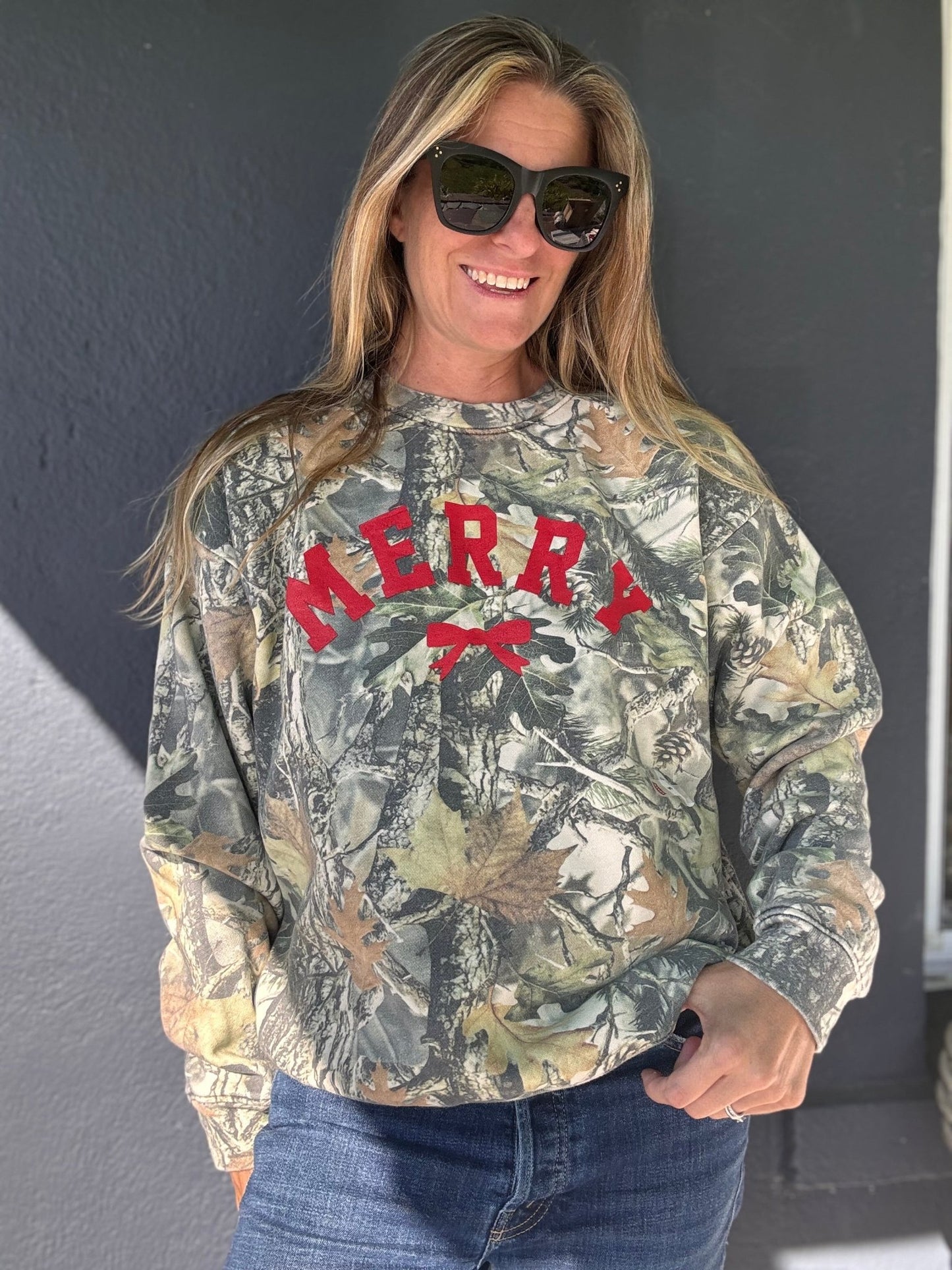 Merry Bow Holiday Christmas Camo Sweatshirt - The Salty BabeGraphic Sweatshirt