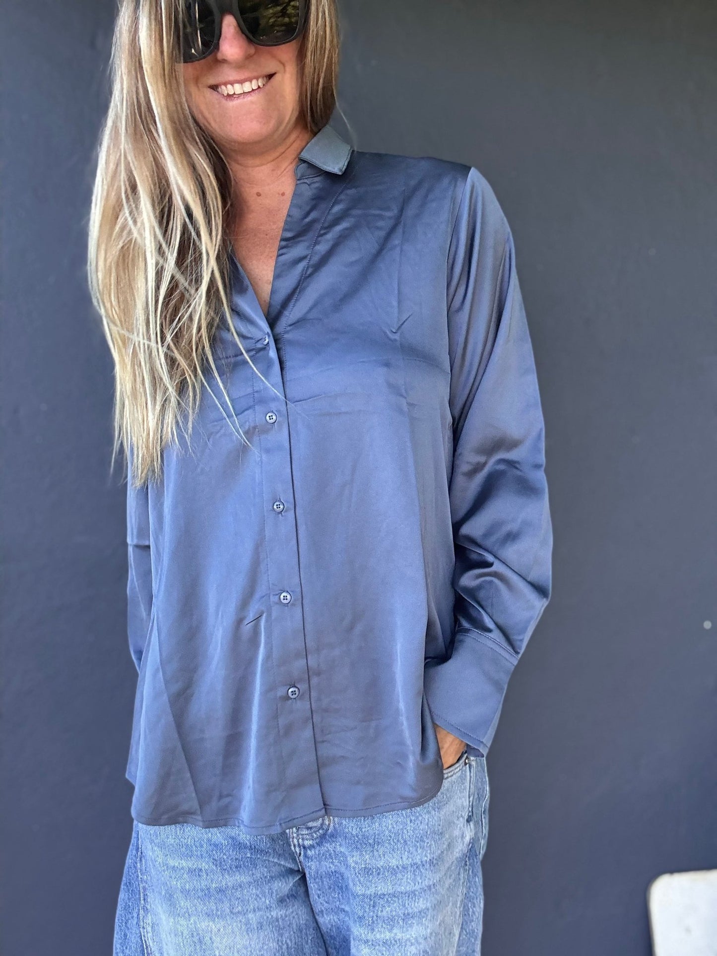 Navy Sheen Button - Up Shirt - The Salty BabeLong Sleeve Shirt