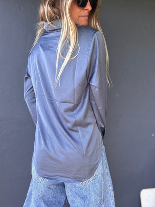 Navy Sheen Button - Up Shirt - The Salty BabeLong Sleeve Shirt