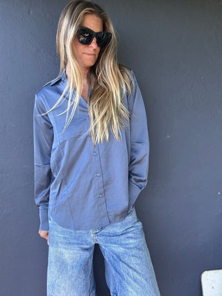 Navy Sheen Button - Up Shirt - The Salty BabeLong Sleeve Shirt