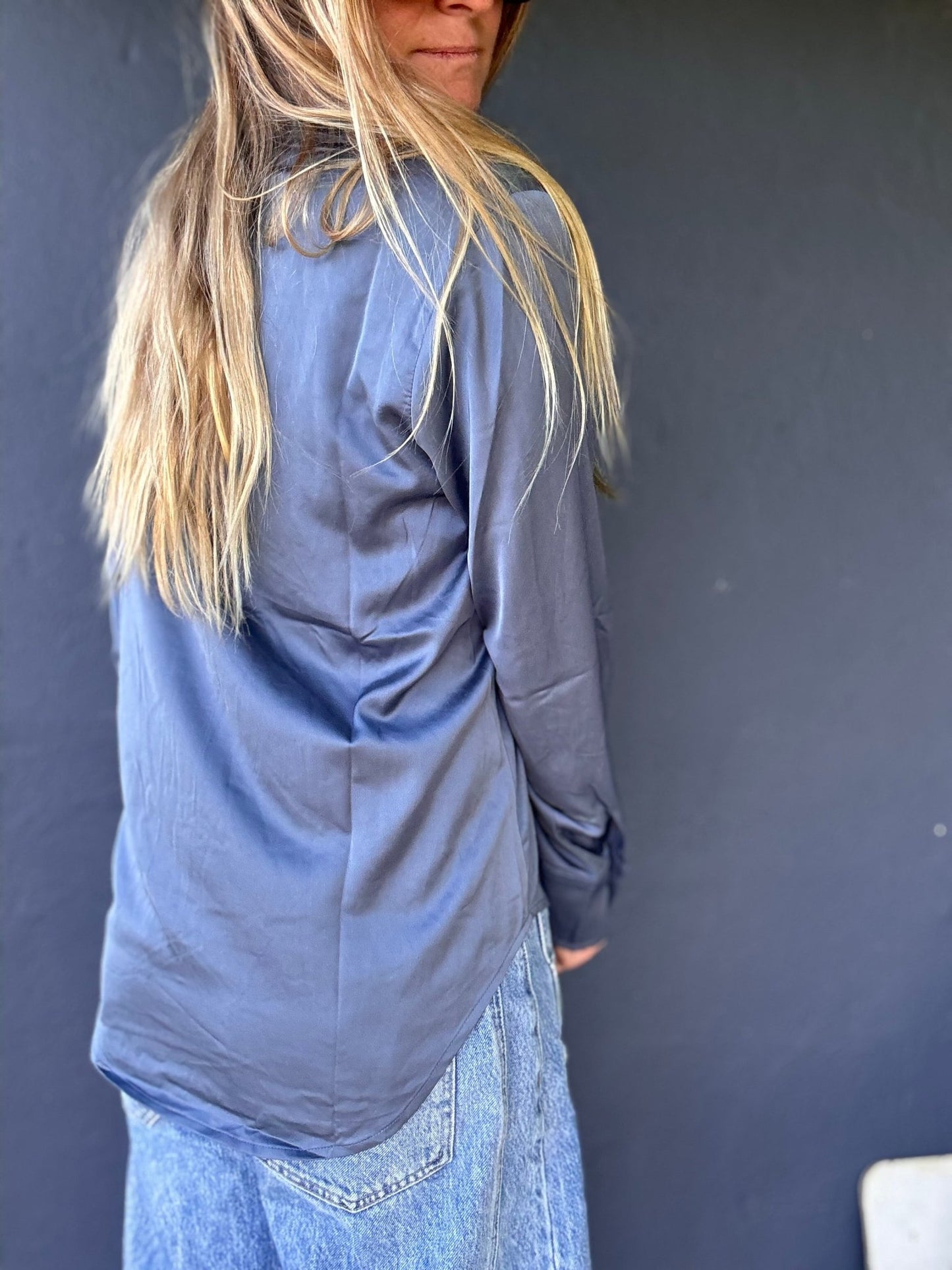 Navy Sheen Button - Up Shirt - The Salty BabeLong Sleeve Shirt