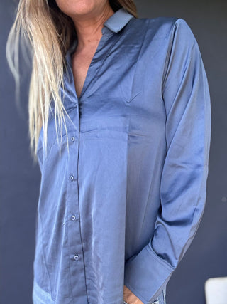 Navy Sheen Button - Up Shirt - The Salty BabeLong Sleeve Shirt