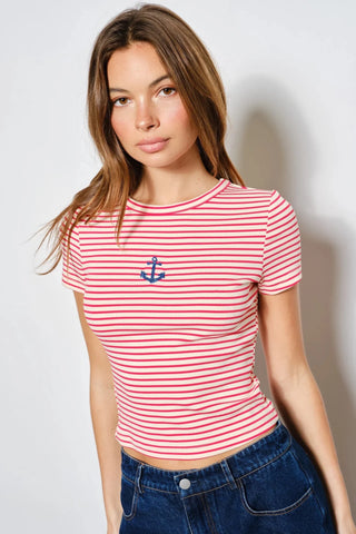 Pamela Striped Anchor Beaded Tee - The Salty BabeTop