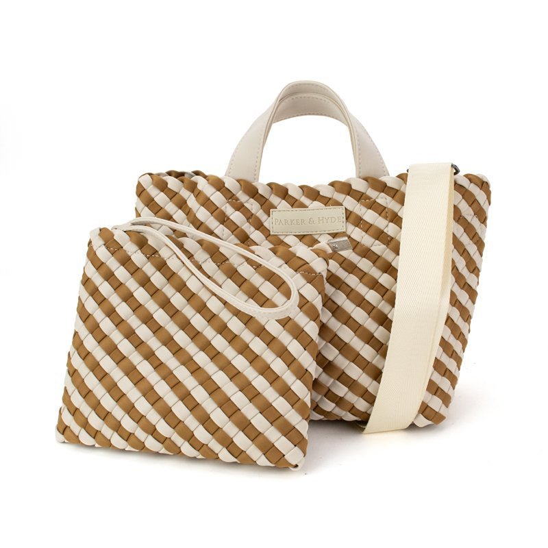 PARKER & HYDE Hampton Woven Mini Tote Bag - Camel/Bone - The Salty BabeBags