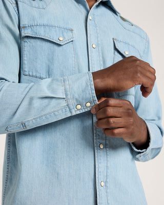 Pendleton Woolen Mills PENDLETON Salmon Embroidered Denim Gambler Shirt - Light Blue — Mens (view 5) | Après Sea Ranch
