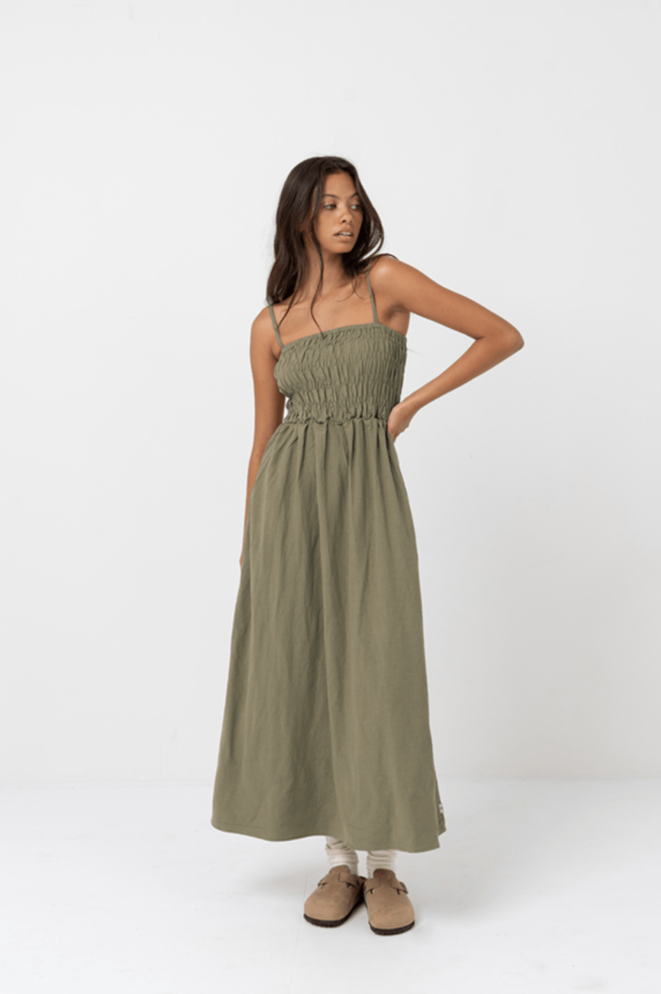 RHYTHM Classic Shirred Midi Dress - Olive - The Salty BabeDresses