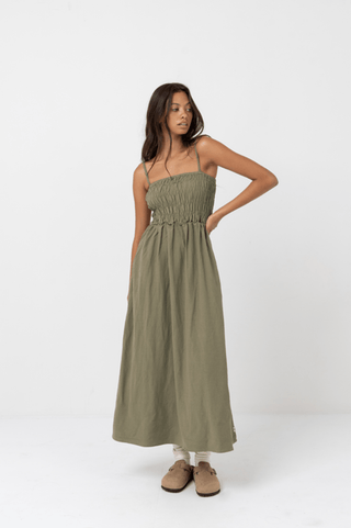 RHYTHM Classic Shirred Midi Dress - Olive - The Salty BabeDresses