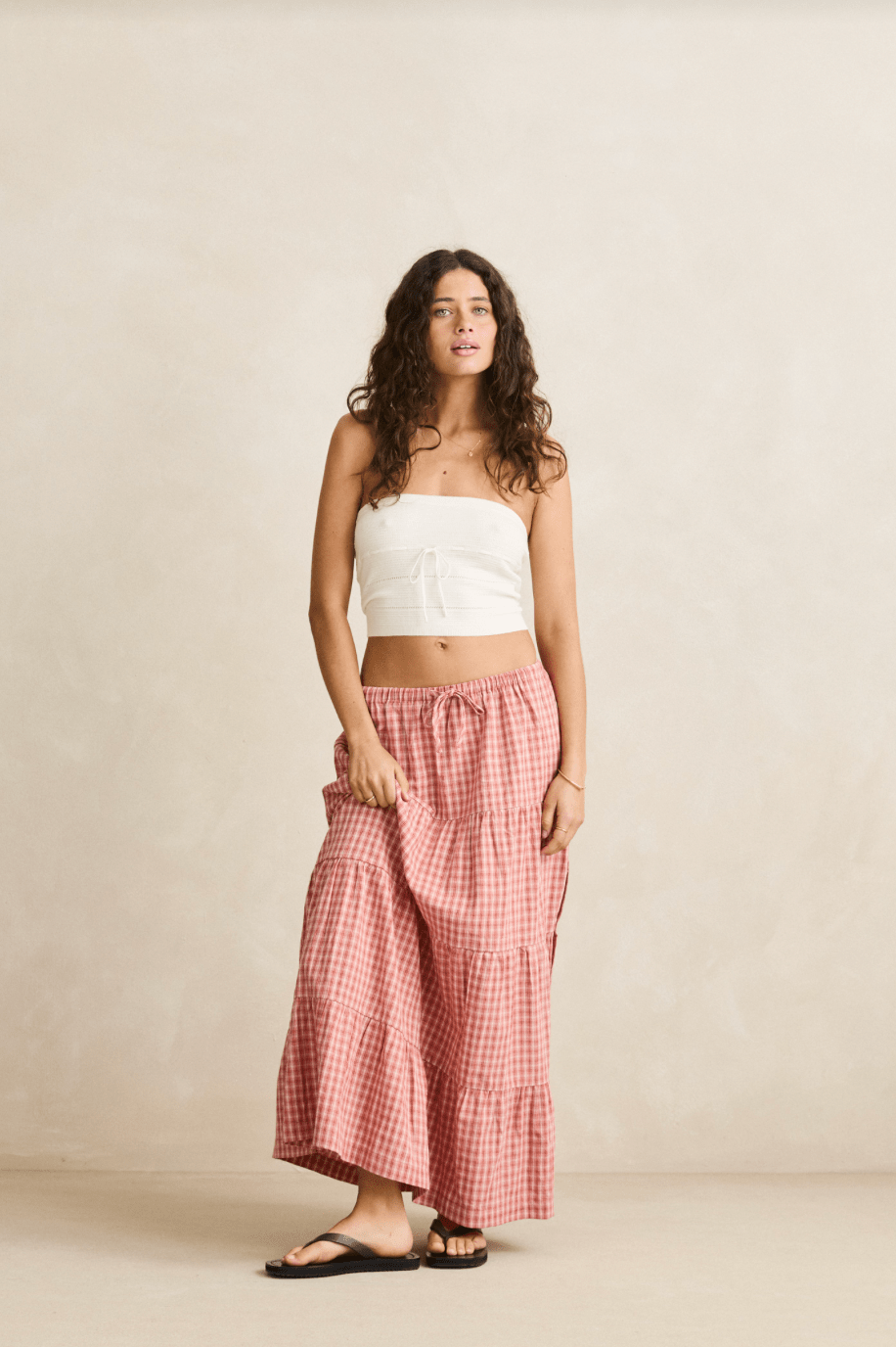 RHYTHM Kirra Check Tiered Maxi Skirt - Pink - The Salty BabeSkirts
