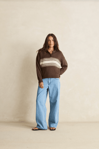 RHYTHM Strata Knit Polo Jumper in Chocolate
