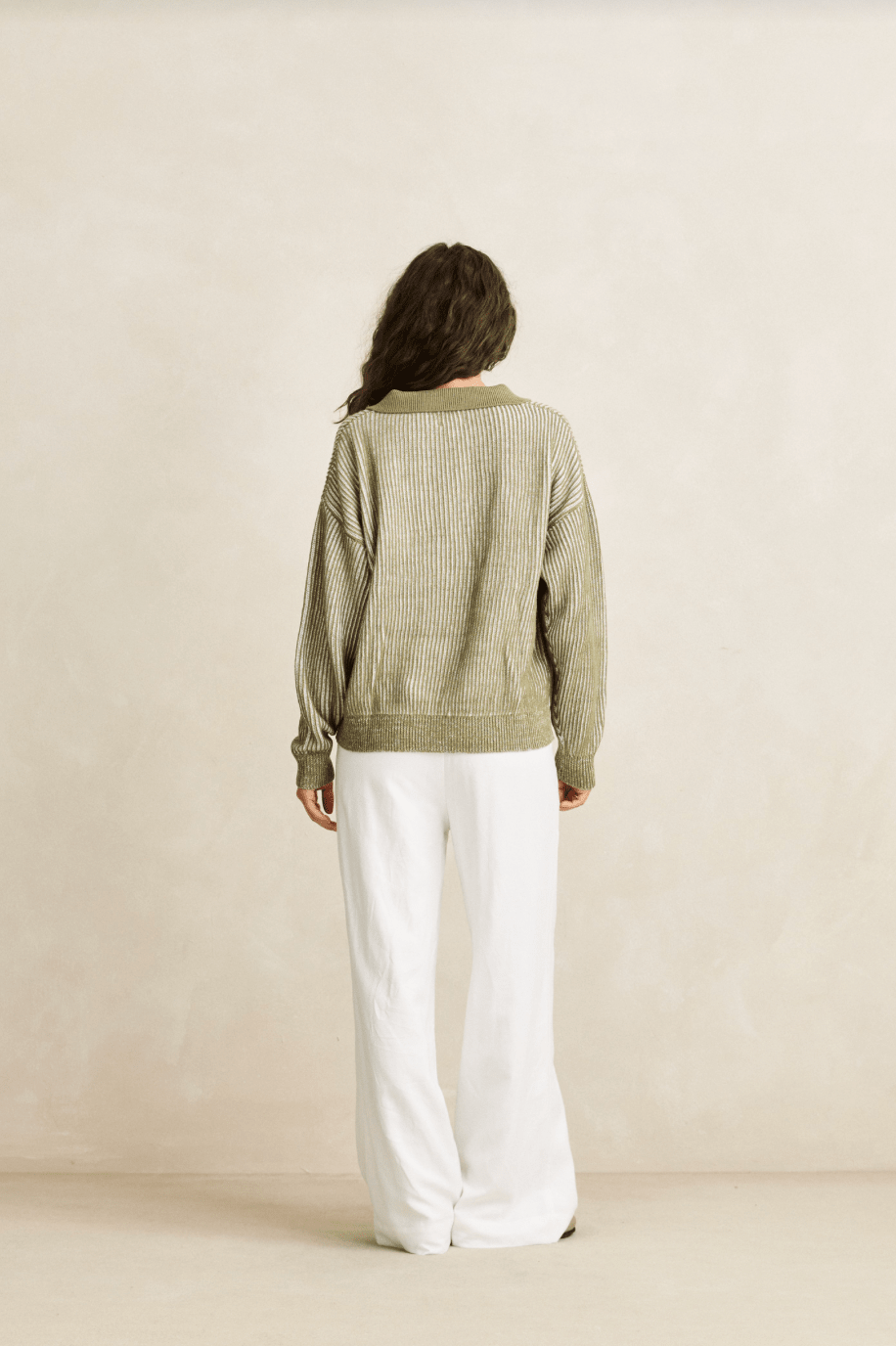 RHYTHM Vista Stripe Collared Jumper - Olive - The Salty BabeLong Sleeve Tops