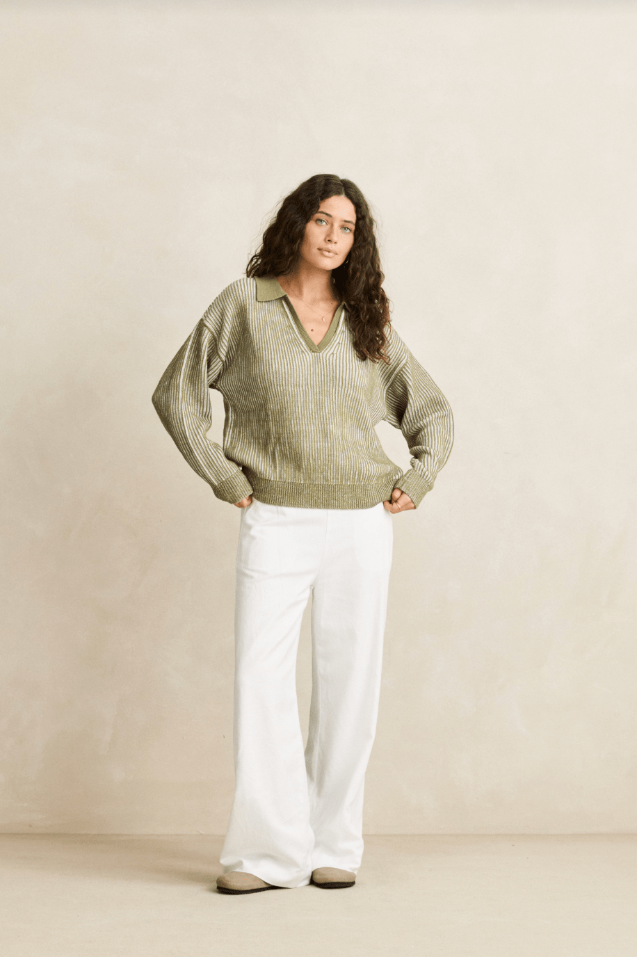 RHYTHM Vista Stripe Collared Jumper - Olive - The Salty BabeLong Sleeve Tops