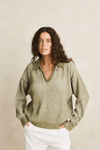 RHYTHM Vista Stripe Collared Jumper - Olive - The Salty BabeLong Sleeve Tops