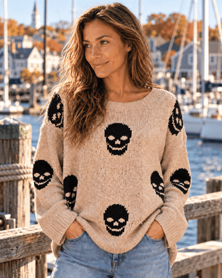 Salty Skull Knit Sweater - Khaki/Black - The Salty BabeSweaters