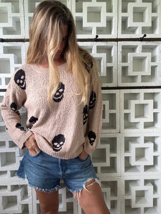 Salty Skull Knit Sweater - Khaki/Black | The Salty Babe