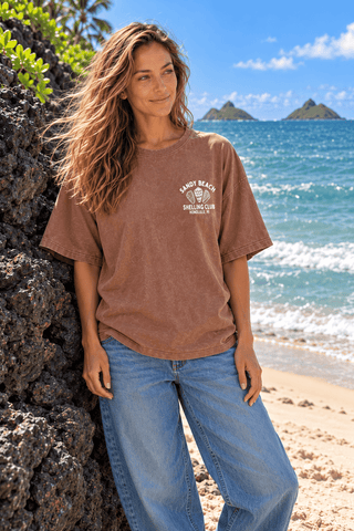 Sandy Beach Shelling Club Oversized Tee-Brown | The Salty Babe