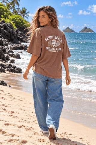 Sandy Beach Shelling Club Oversized Tee-Brown | The Salty Babe