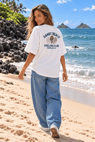 Sandy Beach Shelling Club Oversized Tee-White | The Salty Babe