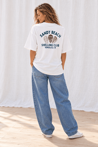 Sandy Beach Shelling Club Oversized Tee-White | The Salty Babe