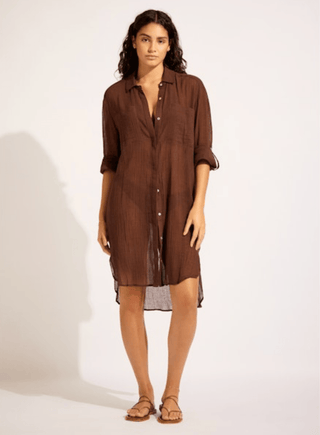 SEAFOLLY Crinkle Twill Beach Shirt Dress - Dark Chocolate - The Salty BabeDresses