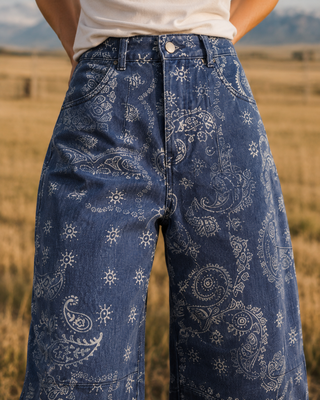 A close-up of a person wearing high-waisted, wide-leg blue jeans with a white paisley and floral bandana print, standing in a dry grassy field.