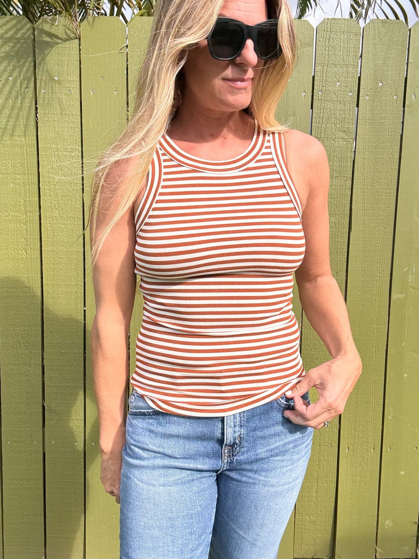 Tan Striped Fitted Tank Top - The Salty BabeTank Tops