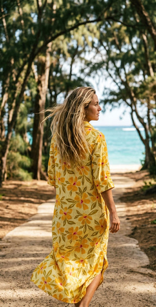 Tangy Tropic Gold Linen Maxi Shirt Dress - The Salty BabeDresses