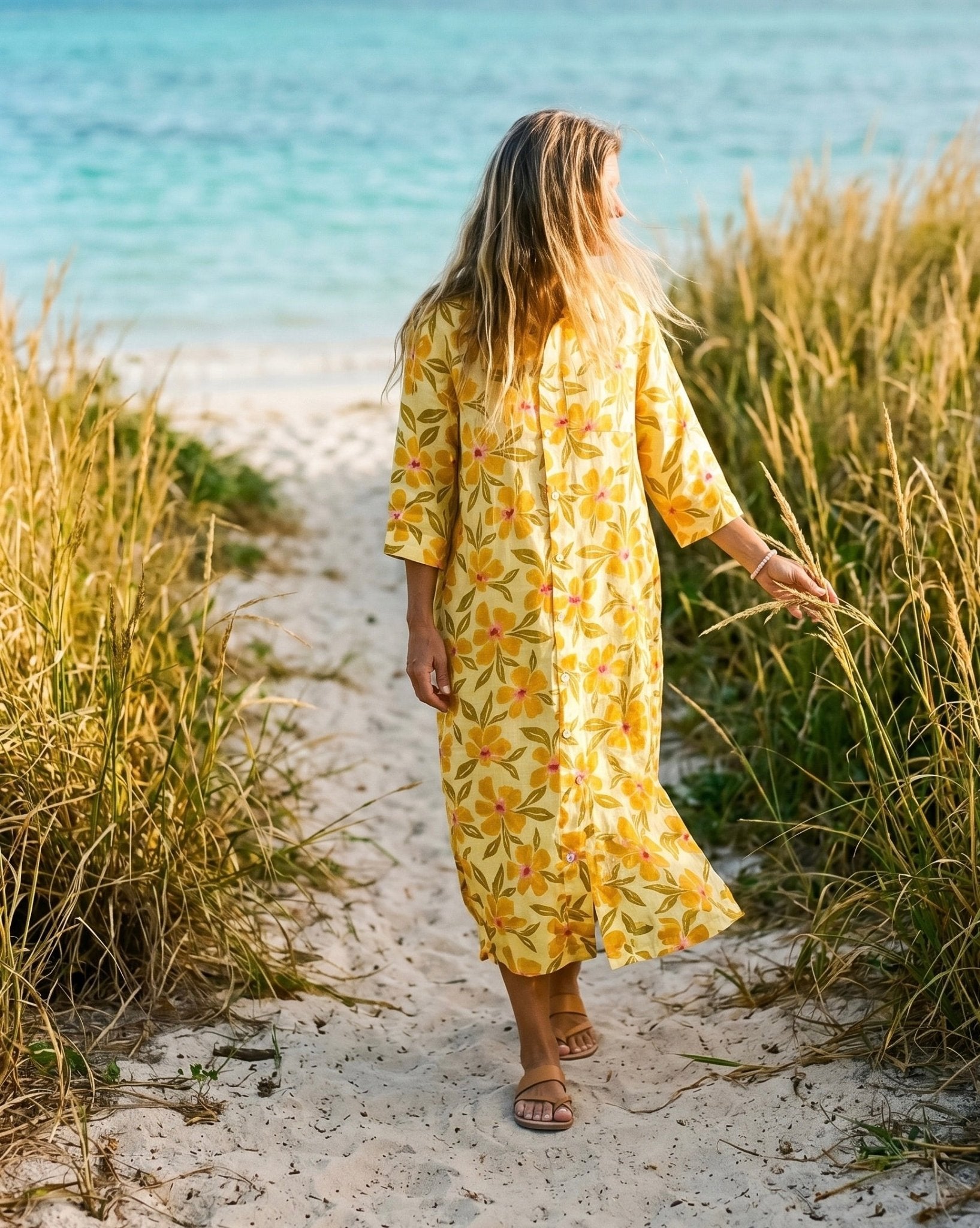 Tangy Tropic Gold Linen Maxi Shirt Dress Small