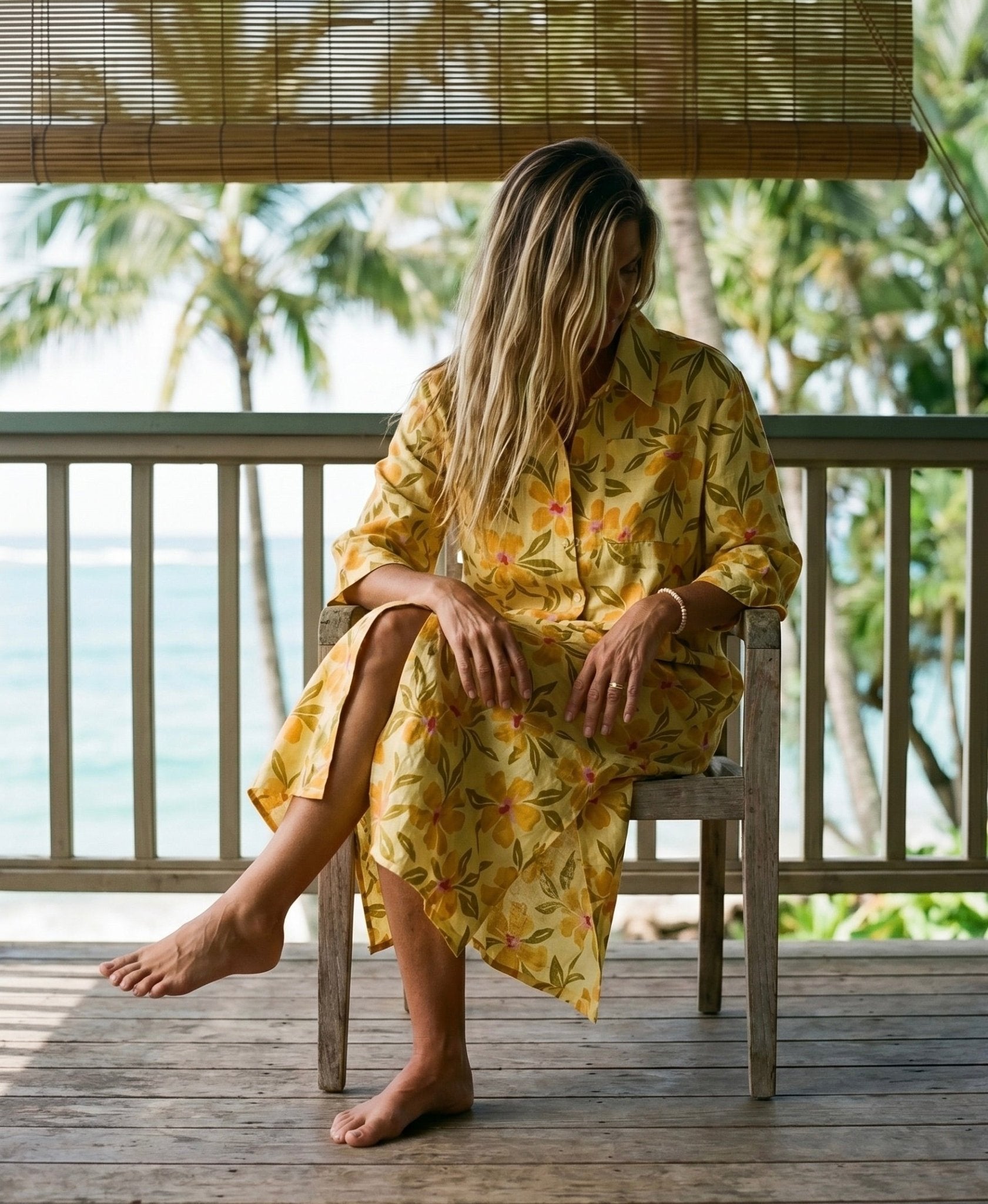 Tangy Tropic Gold Linen Maxi Shirt Dress Medium