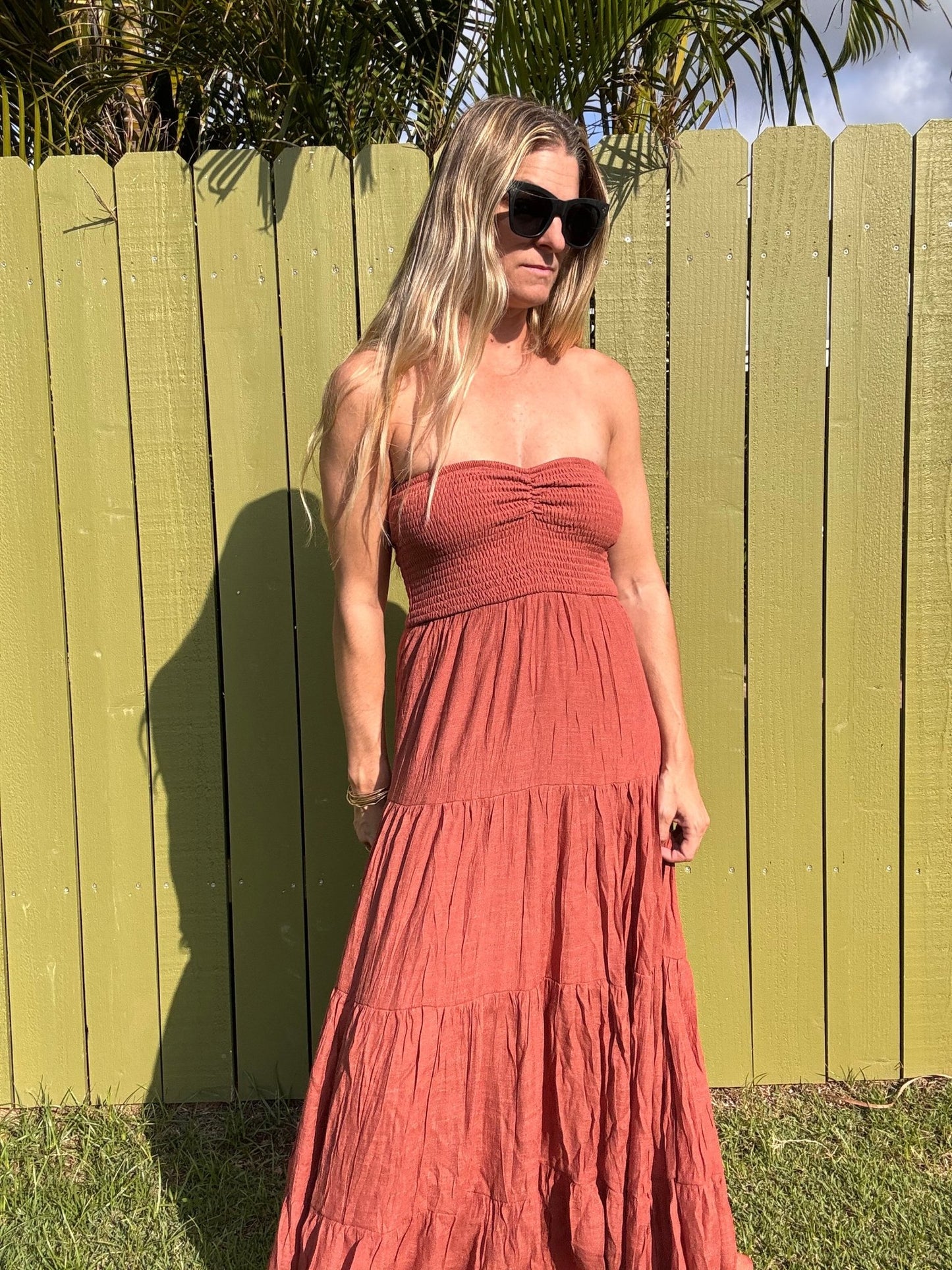 Terra Cotta Ruched Bust Tiered Maxi Dress - The Salty BabeDresses