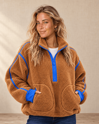 Zip & Chill Fleece Jacket - Camel/Blue | The Salty Babe