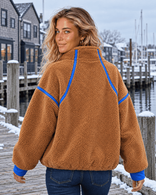 Zip & Chill Fleece Jacket - Camel/Blue | The Salty Babe