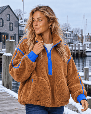 Zip & Chill Fleece Jacket - Camel/Blue | The Salty Babe