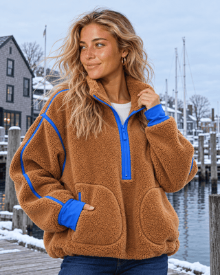 Zip & Chill Fleece Jacket - Camel/Blue | The Salty Babe