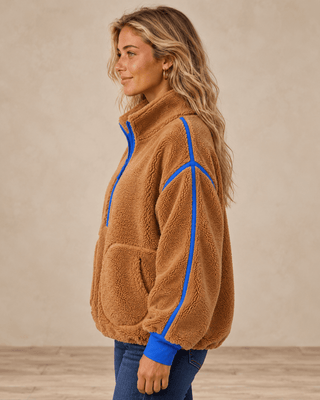 Zip & Chill Fleece Jacket - Camel/Blue | The Salty Babe
